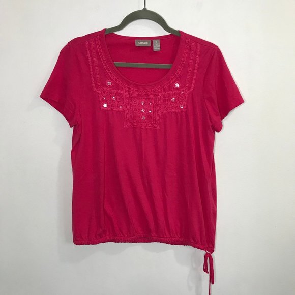 Chico's Tops - Chico's Pink Sequin T-shirt Blouse 1 / MEDIUM M Drawstring Waist 100% Cotton